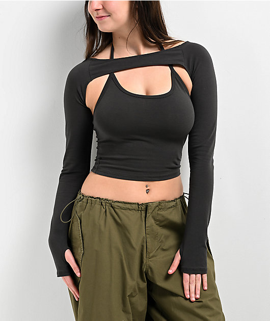 Ninth Hall Tirza Dark Grey Shrug Crop Halter Top Set | Zumiez