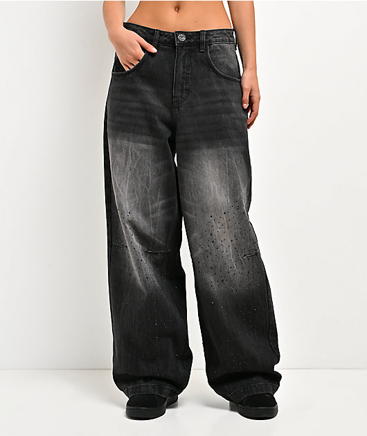 Ninth Hall Trina Rhinestone Black Wash Wide Leg Jeans