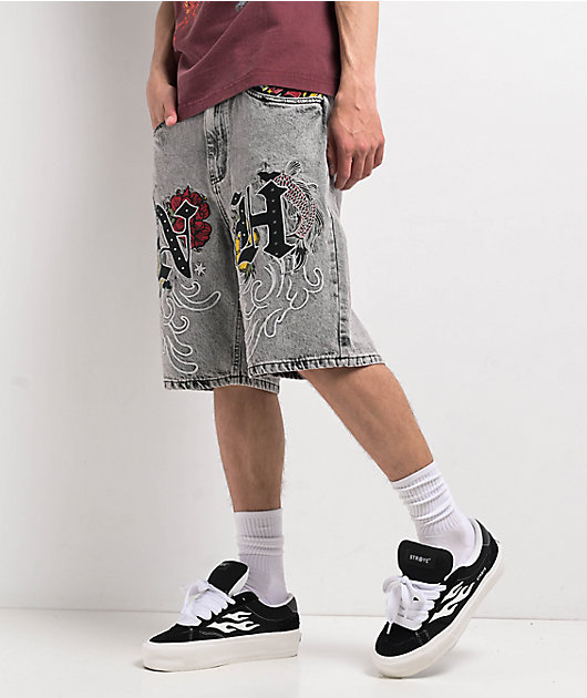 Ninth Hall Waylay Embroidered Grey Wash Denim Shorts
