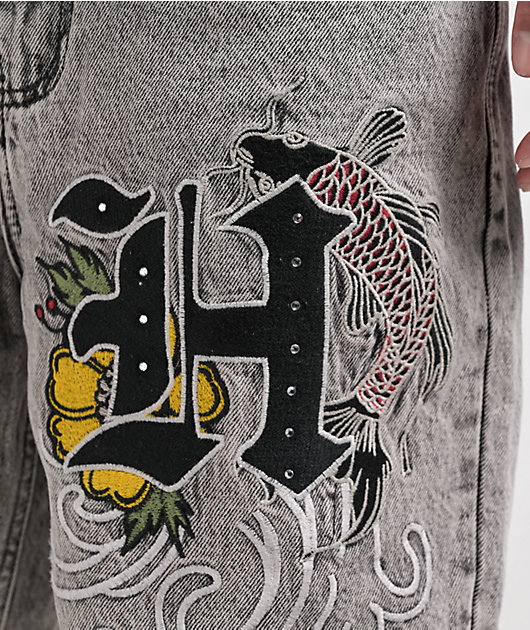 Ninth Hall Waylay Embroidered Grey Wash Denim Shorts | Zumiez