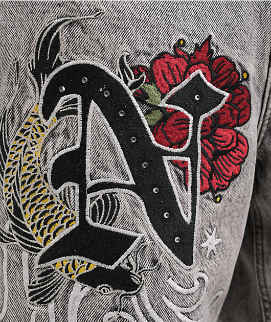 Ninth Hall Waylay Embroidered Grey Wash Denim Shorts | Zumiez