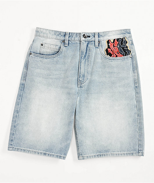 Ninth Hall Waylay Skull Blue Wash Loose Fit Shorts | Zumiez
