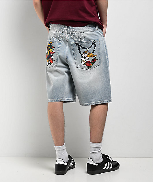 Ninth Hall Waylay Skull Blue Wash Loose Fit Shorts | Zumiez
