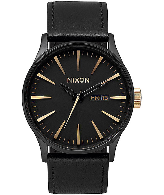 Nixon Sentry Leather Matte Black & Gold Watch | Zumiez