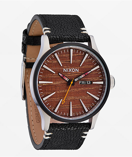 Nixon Sentry Leather Silver, Rosewood & Black Analog Watch | Zumiez