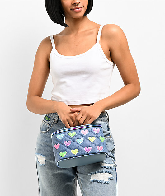 OMG Accessories Glitter Heart Patch Quilted Demin Glam Bag