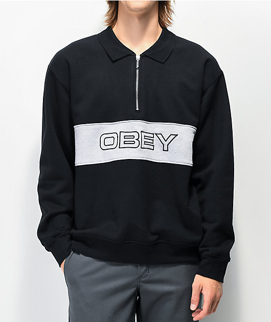 S02 OBEY Men/'s Black Grey 1//4 Zip Collared Pullover Sweater