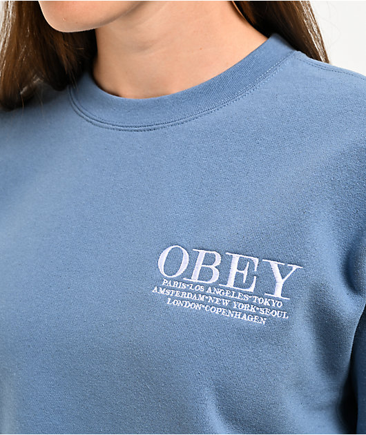 Obey Cities Coronet Blue Crop Crewneck Sweatshirt