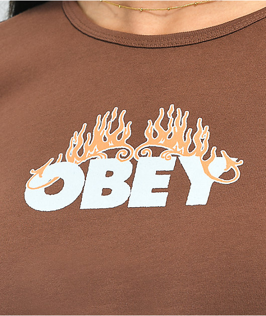 Obey Flames Brown Crop Long Sleeve T-Shirt