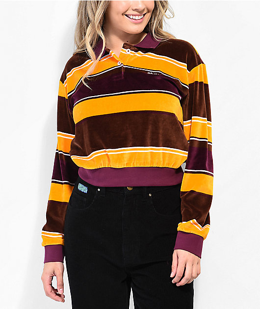 Obey Georgia Brown, Purple & Yellow Crop Long Sleeve Polo Shirt
