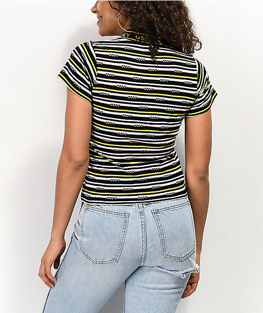 Obey Jules Black, White & Yellow Striped Mock Neck T-Shirt