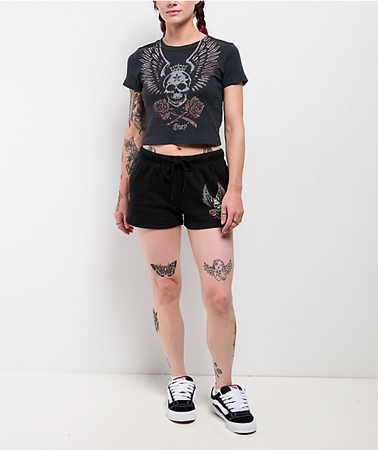 Obey Skull & Roses Black Crop T-Shirt