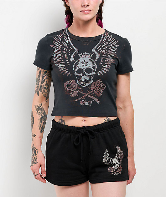 Obey Skull & Roses Black Crop T-Shirt