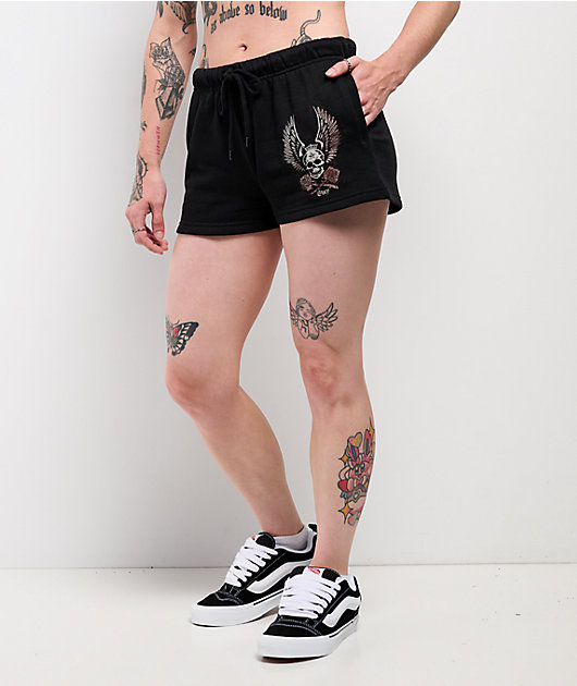 Obey Skull & Roses Black Sweat Shorts