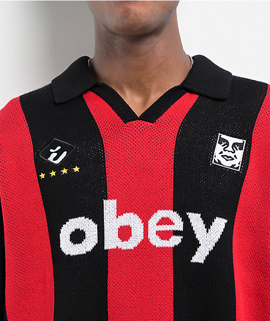 Obey Soccer Black & Red Polo Knit Sweater