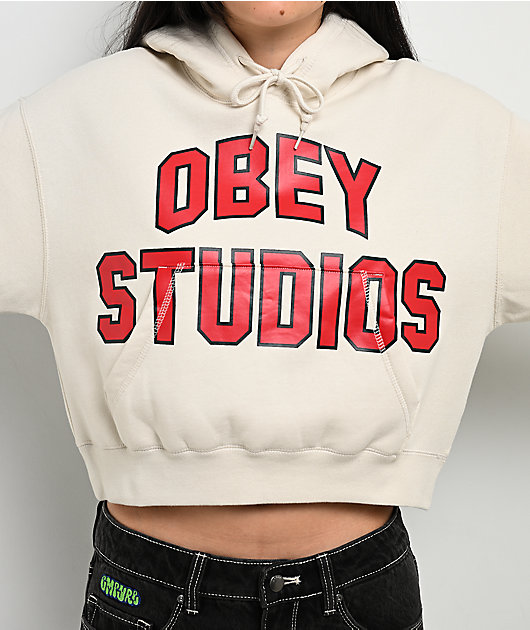 Obey Studios Collegiate Beige Crop Hoodie