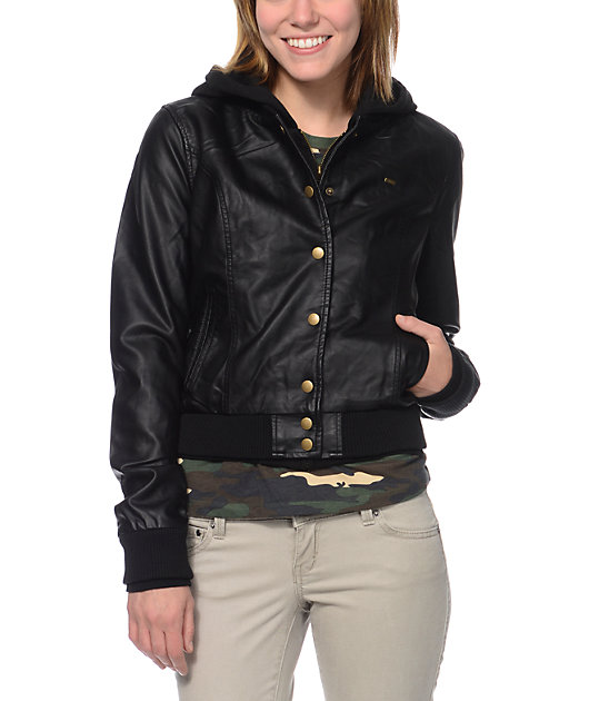 Obey VARSITY LOVER Black Faux Leather Hooded Zipper /& Buttons Junior/'s Jacket
