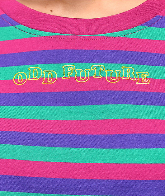 Odd Future Logo Pink, Purple & Green Stripe Crop T-Shirt