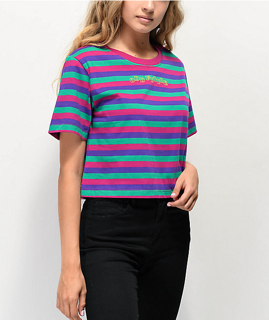 Odd Future Logo Pink, Purple & Green Stripe Crop T-Shirt