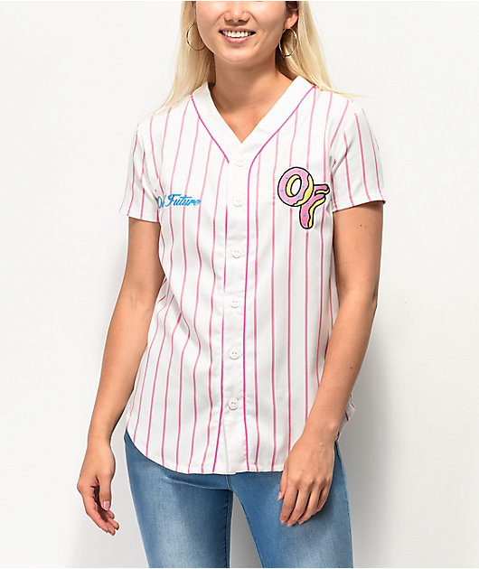 Odd Future jersey de béisbol blanca y rosa a rayas