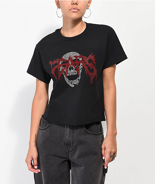 Personal Fears Rhinestone Skull Black Crop T-Shirt
