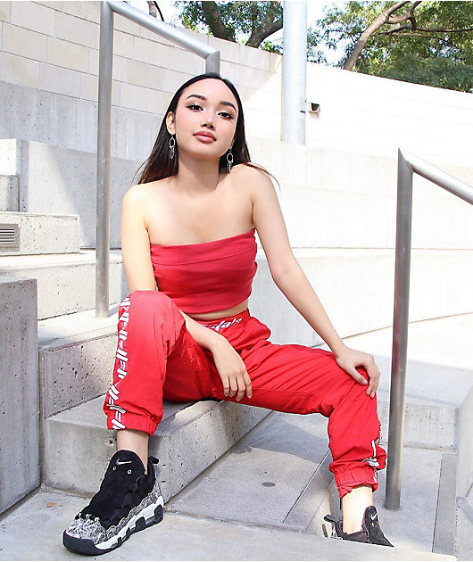 Petals By Petals & Peacocks Kindness Red Crinkle Track Pants