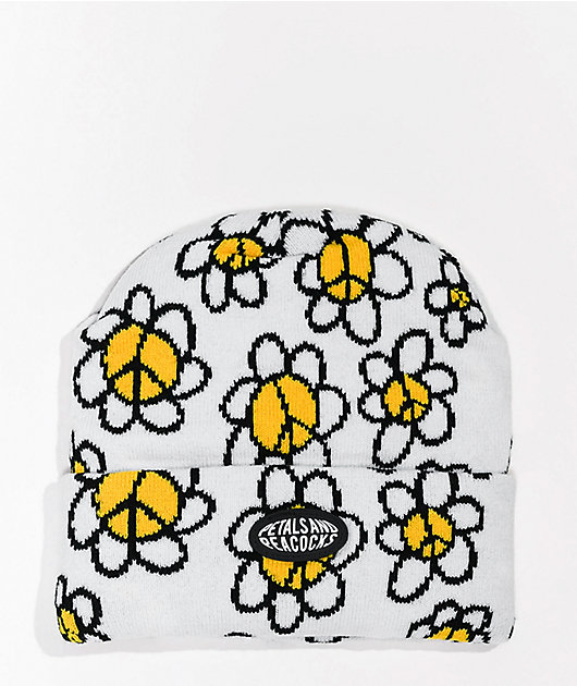 Petals and Peacocks Peace & Petals White Beanie