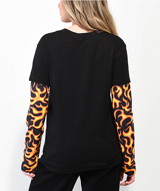 Petals by Petals & Peacocks Flames Black Layered Long Sleeve T-Shirt