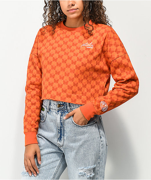 Petals by Petals and Peacocks Butterfly Checkered Orange Crop Crewneck Sweatshirt