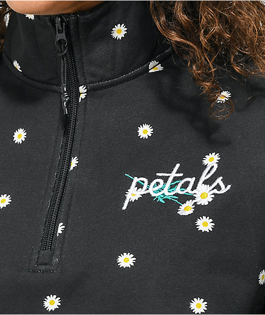 Petals by Petals and Peacocks Daisy Garden Black Quarter Zip Sweatshirt