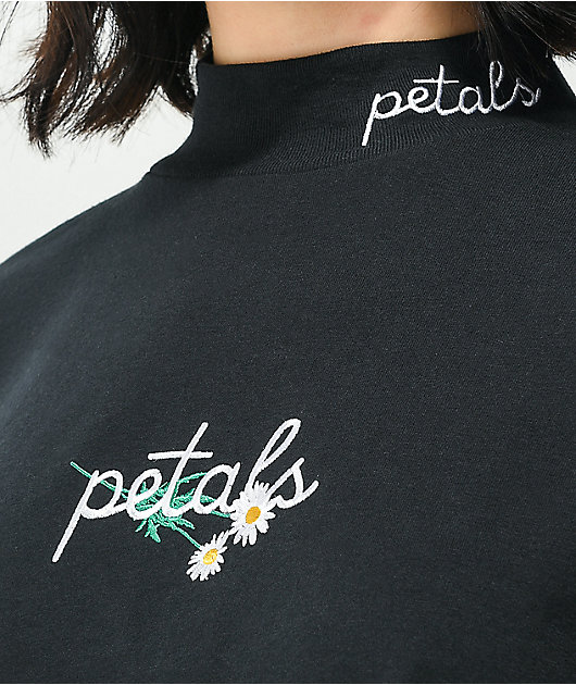Petals by Petals and Peacocks Daisy Script Mockneck Black Long Sleeve T-Shirt