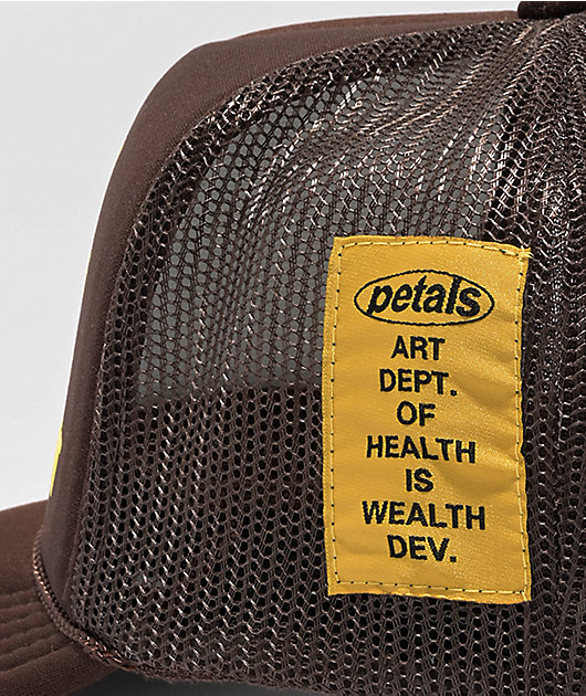 Petals by Petals and Peacocks Health Is Wealth Brown Trucker Hat