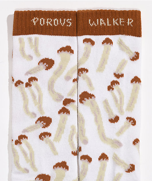 Porous Walker Mushrooms White Crew Socks