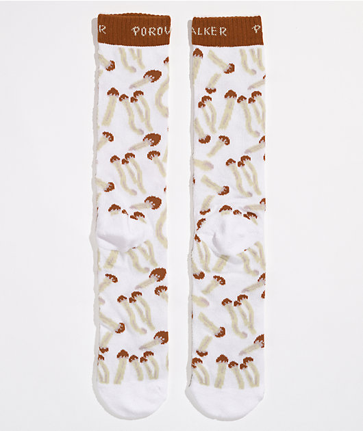Porous Walker Mushrooms White Crew Socks