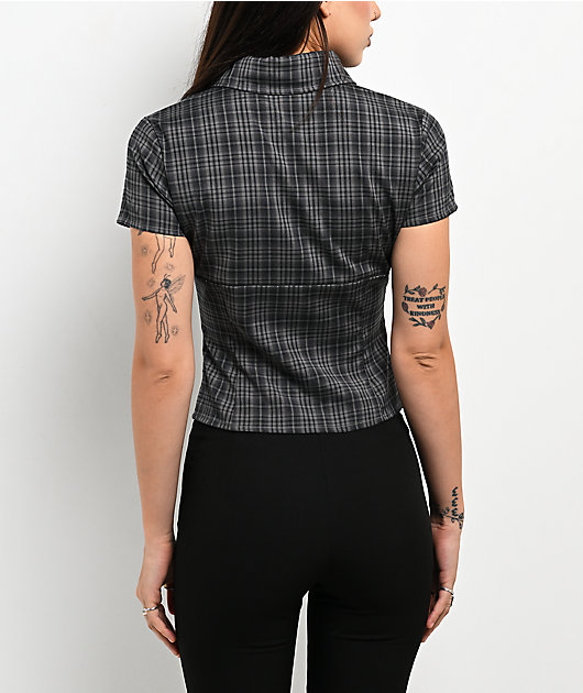 Pretty Garbage Colette Navy Plaid Crop Button Up Shirt
