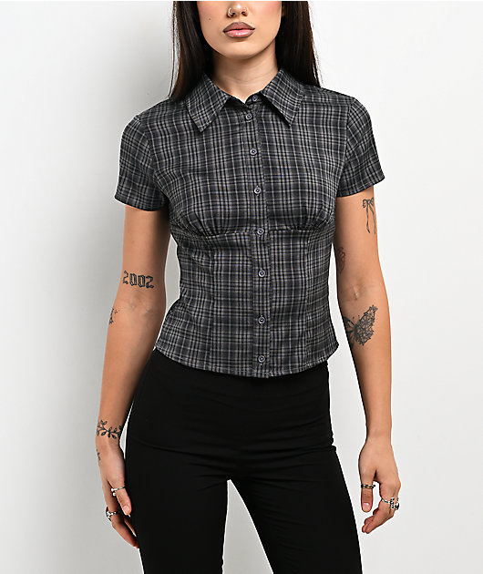 Pretty Garbage Colette Navy Plaid Crop Button Up Shirt