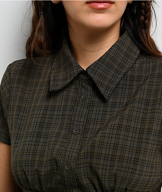 Pretty Garbage Loraine Olive Button Up Crop Shirt