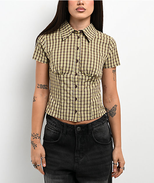 Pretty Garbage Lorane Yellow Plaid Crop Button Up Shirt