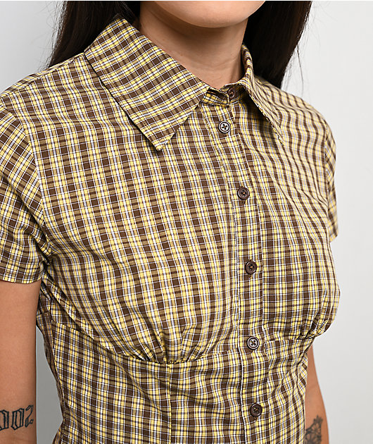 Pretty Garbage Lorane Yellow Plaid Crop Button Up Shirt