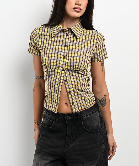 Pretty Garbage Lorane Yellow Plaid Crop Button Up Shirt