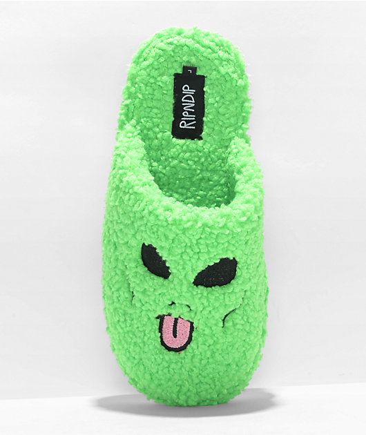 RIPNDIP Alien Face Green Fuzzy Slide Slippers