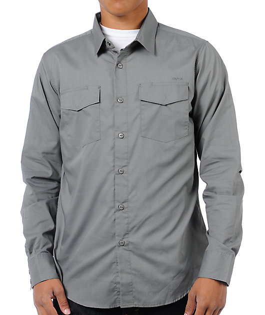 gray button up shirt