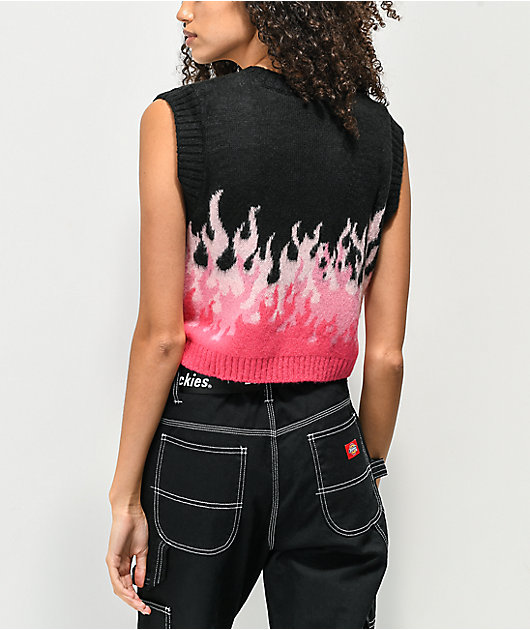 Ragged Jeans Burnout Flame Black & Pink Crop Sweater Vest