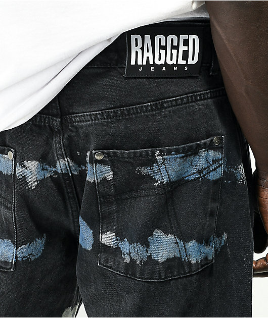 Ragged Jeans Pixel Black Blue Dye Loose Fit Jeans