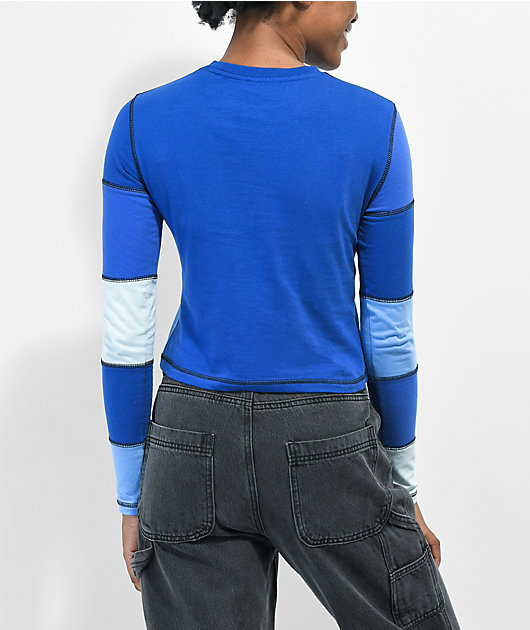 Ragged Priest Blue Square Panel Crop Long Sleeve T-Shirt