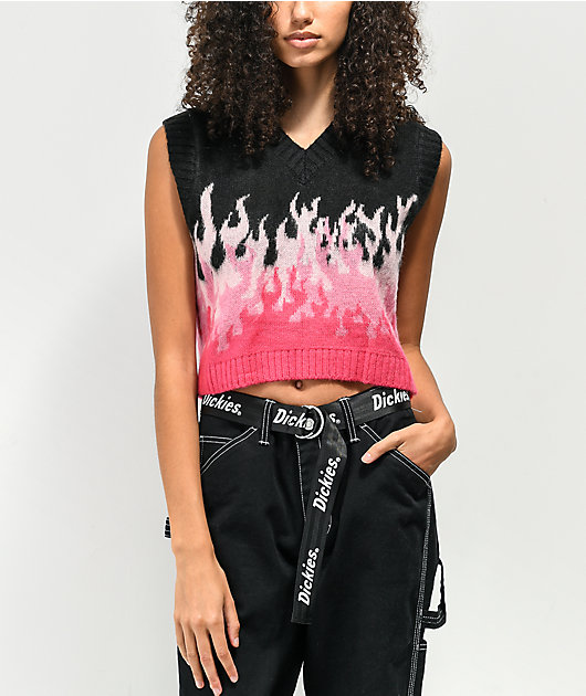 Ragged Priest Burnout Flame Black & Pink Crop Sweater Vest | Zumiez