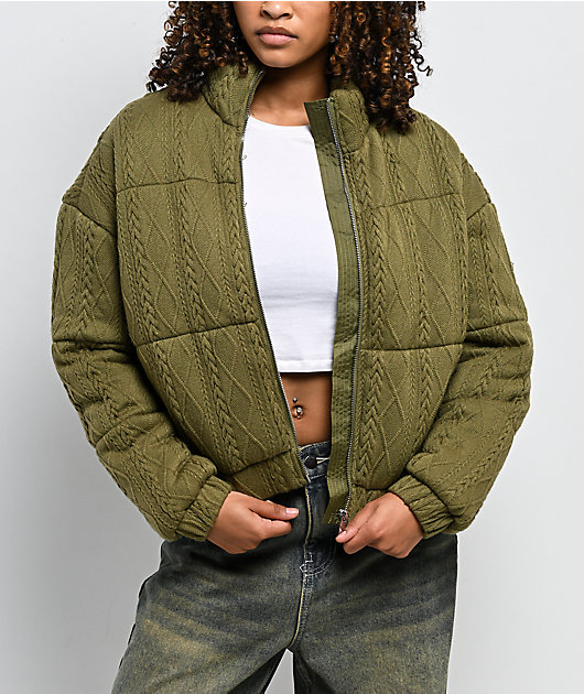 Rebel Veil Cable Knit Green Puffer Jacket | Zumiez
