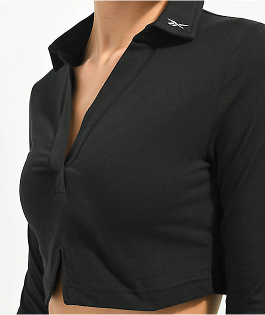 Reebok CL WDE Black Long Sleeve Crop Polo Shirt