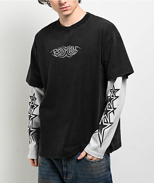 STONE |LONG-SLEEVED ROUND NECK T-SHIRTS (574B9 Sl Rodman Apparel Stone Black Wash & White 2fer Long Sleeve T