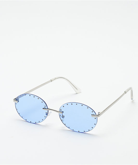 Round Studded Blue & Silver Sunglasses